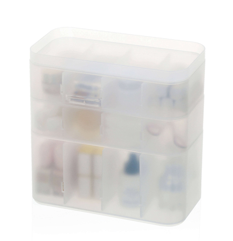 3 層の積み重ね可能なプラスチック製収納ボックス、蓋付き、各ボックスには取り外し可能な仕切りが 3 枚付いています。